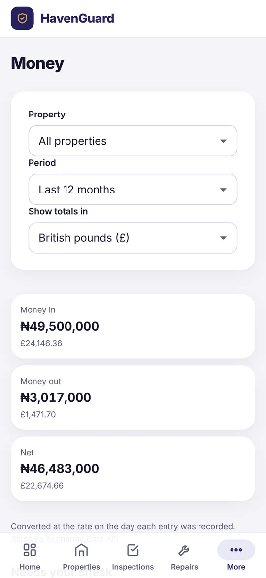 Money screen showing money in, money out and net in naira with pound equivalents