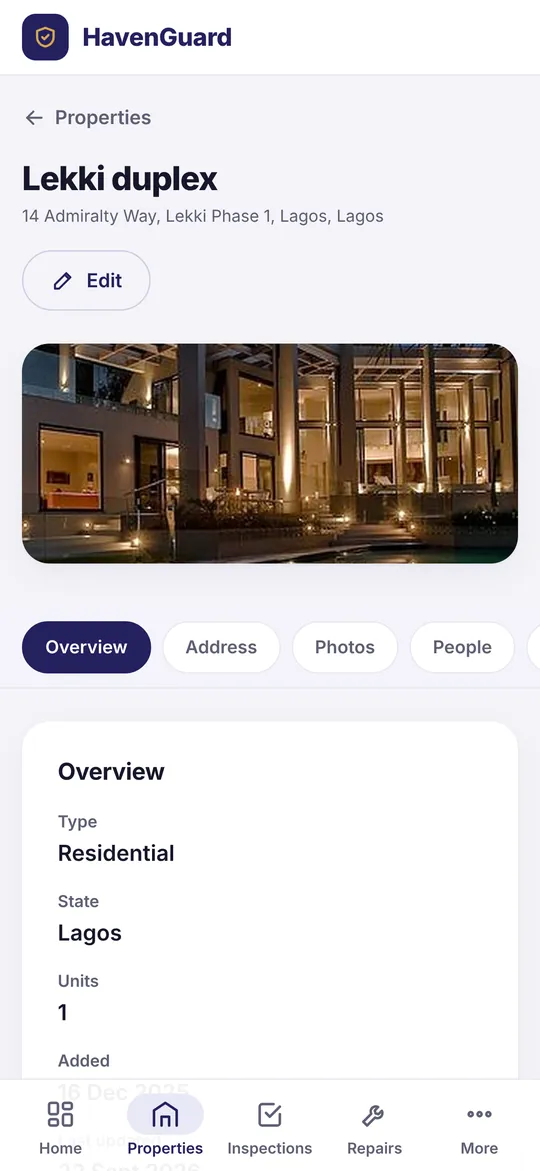 A property page in HavenGuard with photo, address and tabs for overview, address, photos and people